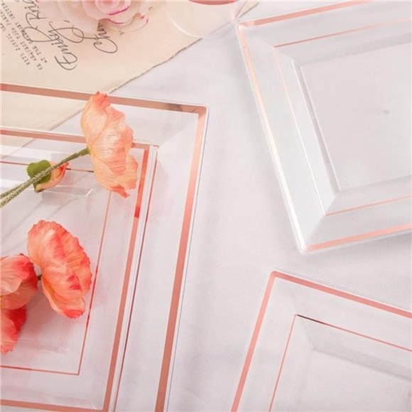 150 Pieces Rose Gold Square Plastic Plates with Silverware and Cups, Disposable - Picture 2 of 6